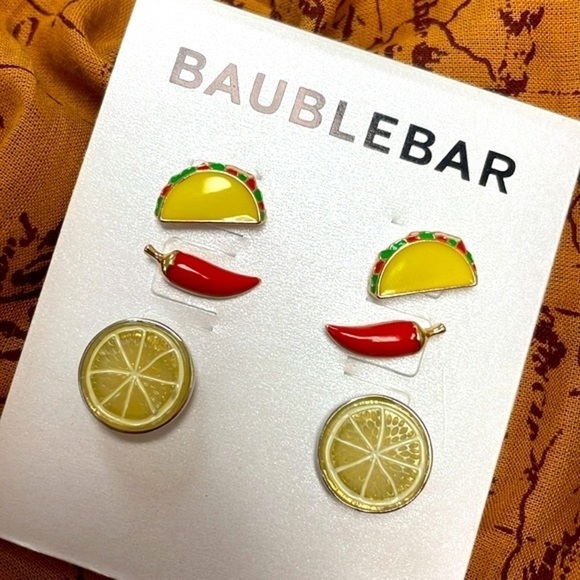 Brand New BaubleBar Set of 3 Pairs Cinco De Mayo Post Earrings Taco Chili Lime - Picture 6 of 13